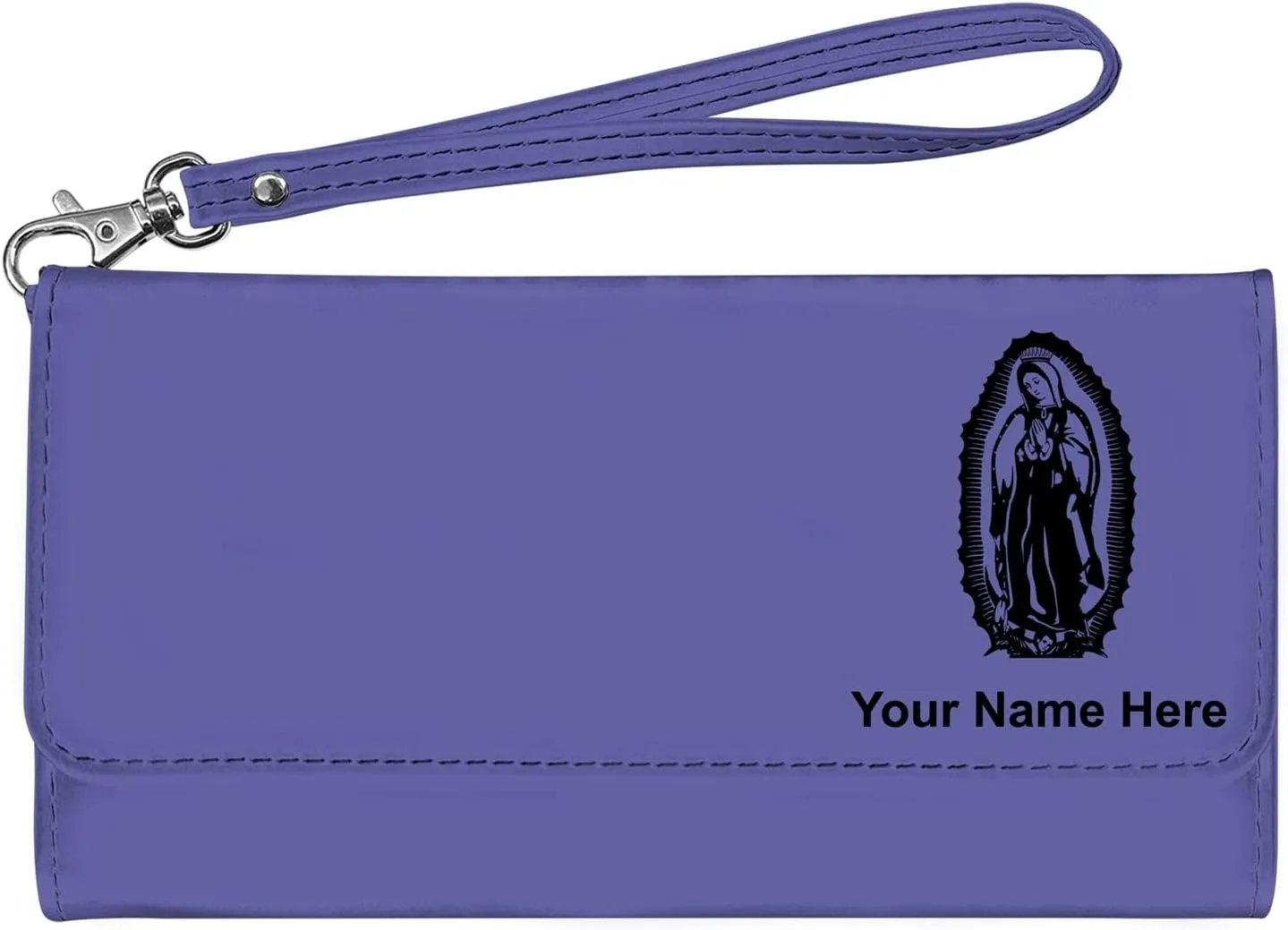 LaserGram Faux Leather Womens Wallet with Strap, Virgen de Guadalupe, Personalized Engraving Included (Dark Purple)