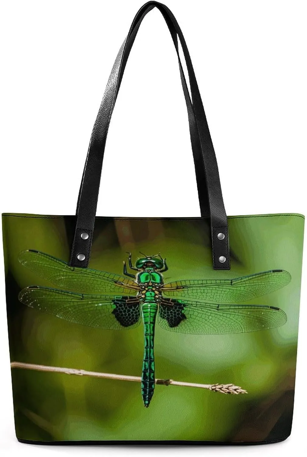 Leather Lady's Handbag Fantasy Green Dragonfly Print Leather Tote Bags For Women Trendy Ladies Shoulder Bag for Work, Travel, Casual Use