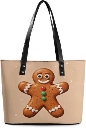 Leather Lady's Handbag Gingerbread Man Snowflake Print Leather Tote Bags For Women Trendy Ladies Shoulder Bag for Work, Travel, Casual Use