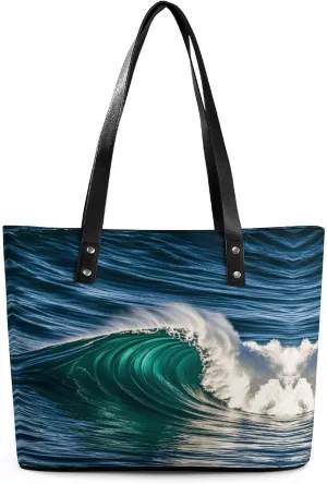 Leather Lady's Handbag Hawaiian Tropical Waves Print Leather Tote Bags For Women Trendy Ladies Shoulder Bag for Work, Travel, Casual Use