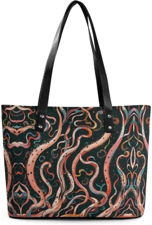 Leather Lady's Handbag Many Tentacle Prints Print Leather Tote Bags For Women Trendy Ladies Shoulder Bag for Work, Travel, Casual Use