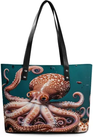 Leather Lady's Handbag Octopus Pattern Ocean Theme Print Leather Tote Bags For Women Trendy Ladies Shoulder Bag for Work, Travel, Casual Use