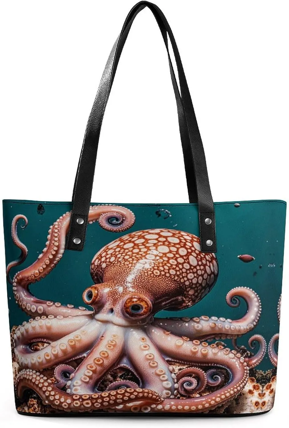Leather Lady's Handbag Octopus Pattern Ocean Theme Print Leather Tote Bags For Women Trendy Ladies Shoulder Bag for Work, Travel, Casual Use