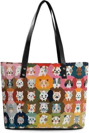 Leather Lady's Handbag Pet Puppy Print Leather Tote Bags For Women Trendy Ladies Shoulder Bag for Work, Travel, Casual Use