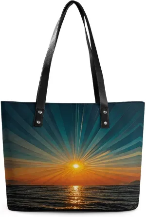 Leather Lady's Handbag Sun Rays Print Leather Tote Bags For Women Trendy Ladies Shoulder Bag for Work, Travel, Casual Use