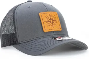 Leather Patch Hat for Men - Richardson 112 Trucker Hat w/Full-Grain Leather Patch, Laser-Engraved, Machine-Stitched