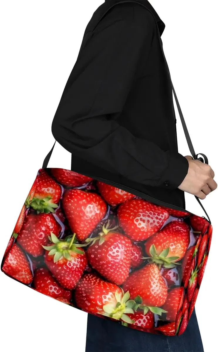 Leather Travel Duffle Bag for Women Men, Fruit Strawberry Pattern Small Sports Gym Bag Weekender Overnight Bags Underseat Carry on Luggage Bags for Airplanes, Personal Item Travel Bag,B-807