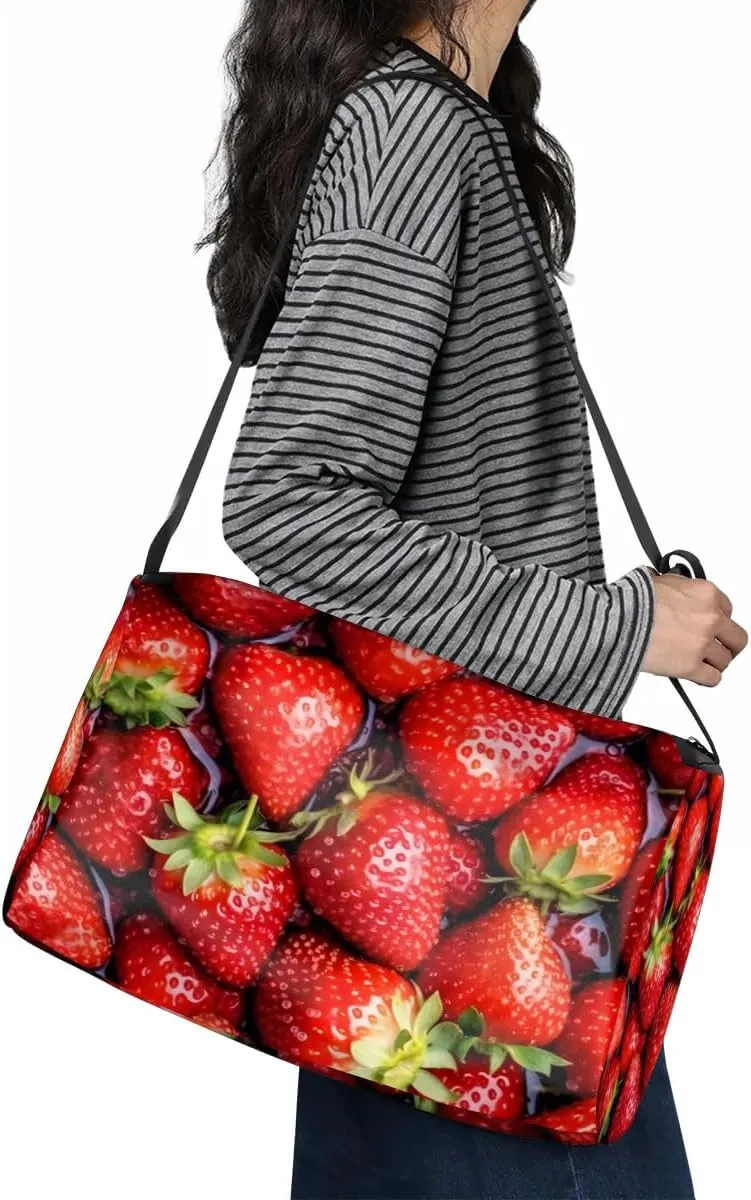 Leather Travel Duffle Bag for Women Men, Fruit Strawberry Pattern Small Sports Gym Bag Weekender Overnight Bags Underseat Carry on Luggage Bags for Airplanes, Personal Item Travel Bag,B-807