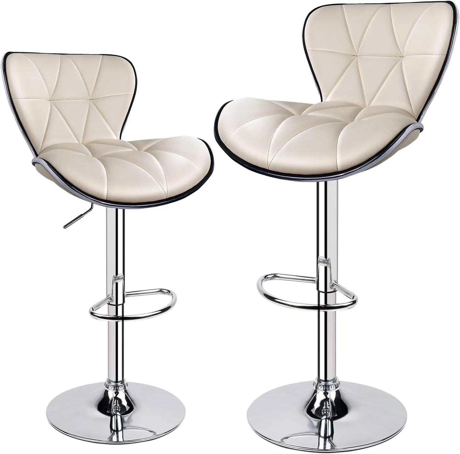 Leopard Shell Back Adjustable Swivel Bar Stools, PU Leather Padded with Back, Set of 2 (Beige)