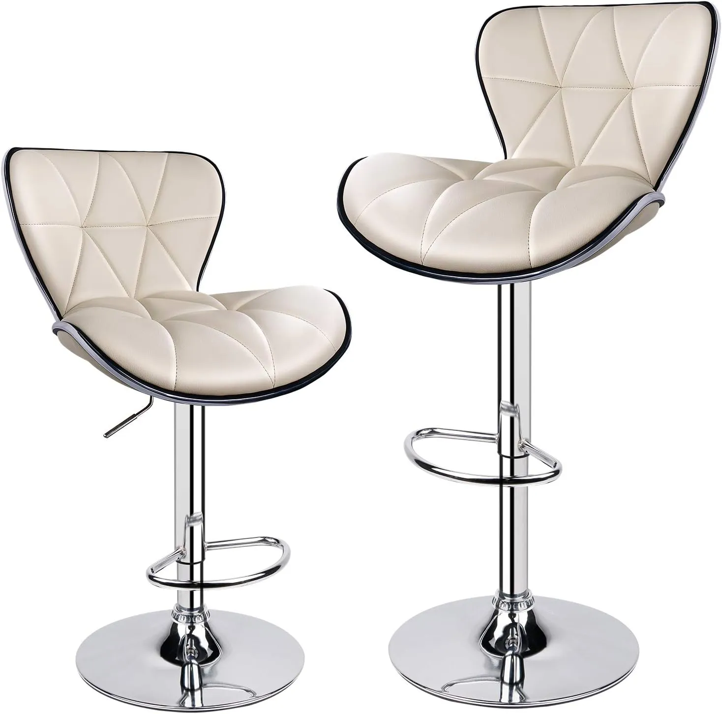 Leopard Shell Back Adjustable Swivel Bar Stools, PU Leather Padded with Back, Set of 2 (Beige)