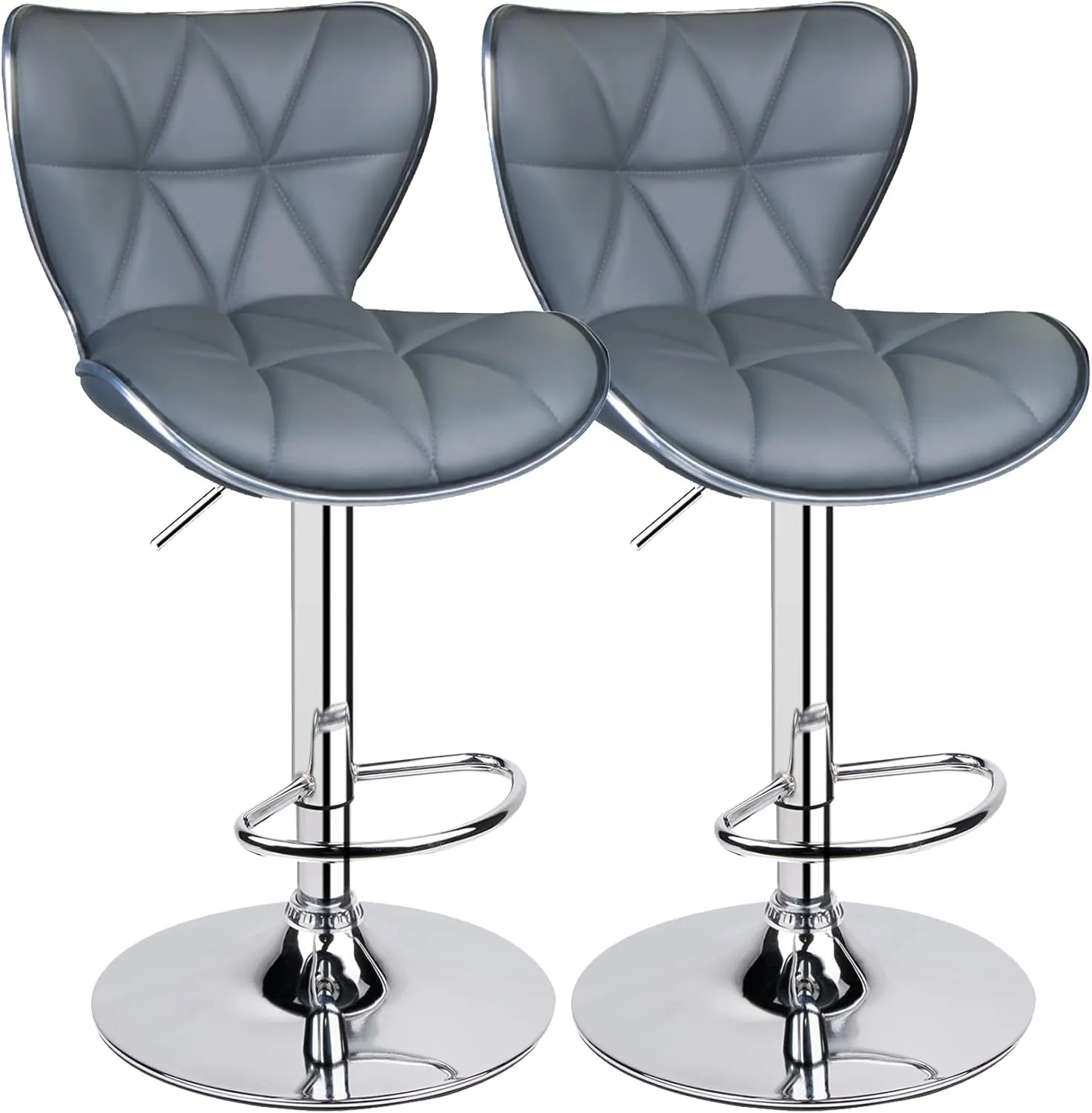 Leopard Shell Back Adjustable Swivel Bar Stools, PU Leather Padded with Back, Set of 2, Grey