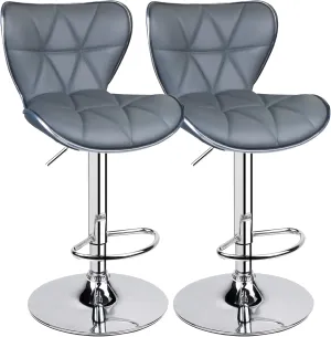 Leopard Shell Back Adjustable Swivel Bar Stools, PU Leather Padded with Back, Set of 2, Grey