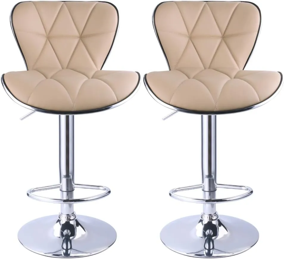 Leopard Shell Back Adjustable Swivel Bar Stools, PU Leather Padded with Back, Set of 2 (Khaki)