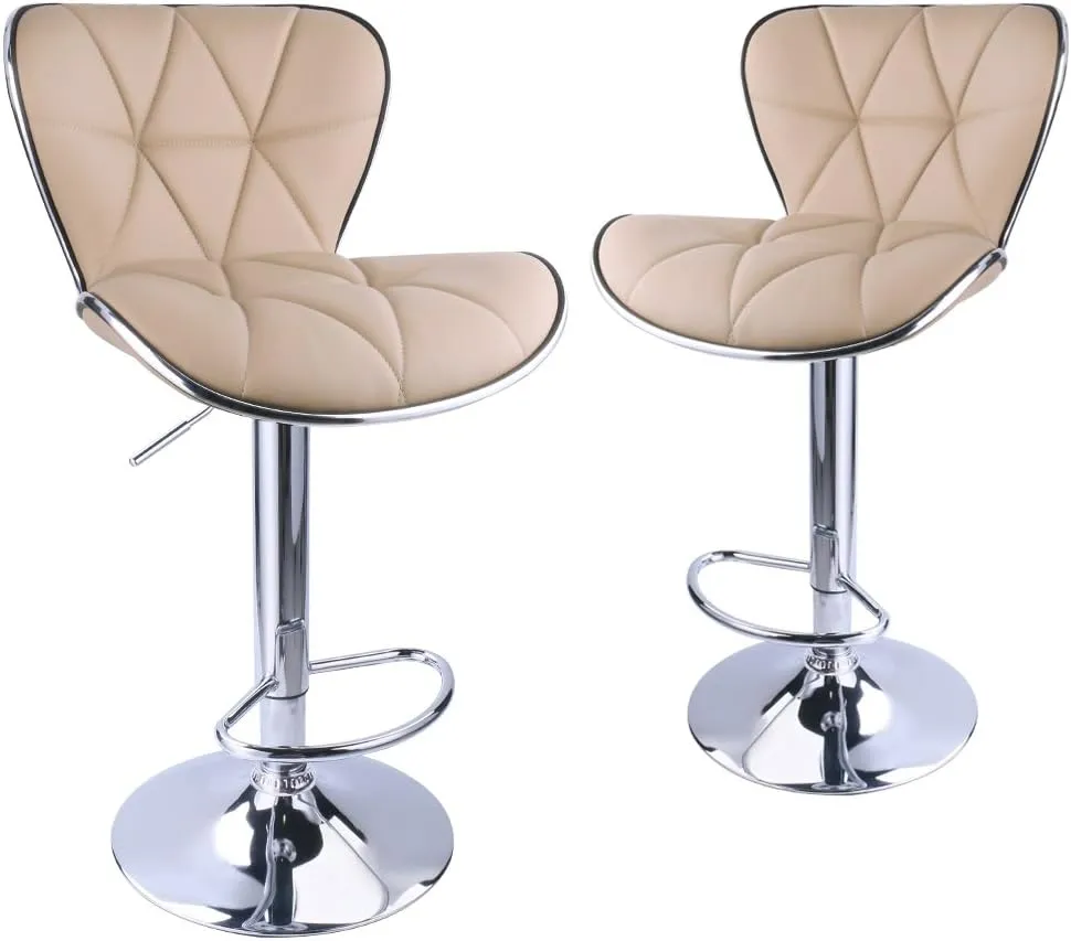 Leopard Shell Back Adjustable Swivel Bar Stools, PU Leather Padded with Back, Set of 2 (Khaki)