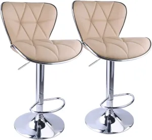 Leopard Shell Back Adjustable Swivel Bar Stools, PU Leather Padded with Back, Set of 2 (Khaki)