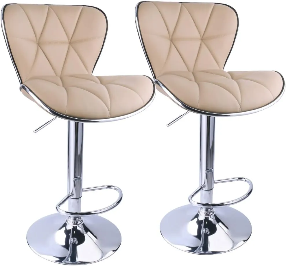 Leopard Shell Back Adjustable Swivel Bar Stools, PU Leather Padded with Back, Set of 2 (Khaki)