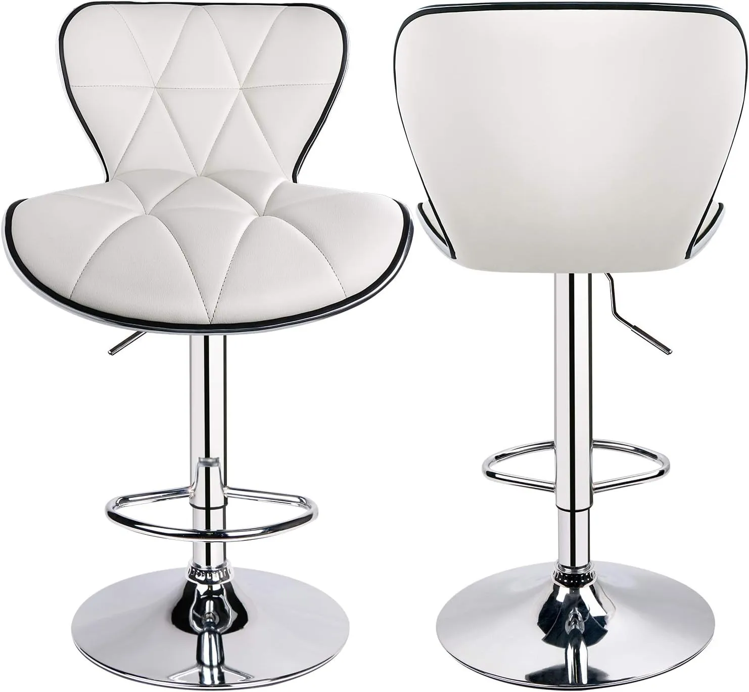 Leopard Shell Back Adjustable Swivel Bar Stools, PU Leather Padded with Back, Set of 2 (White)