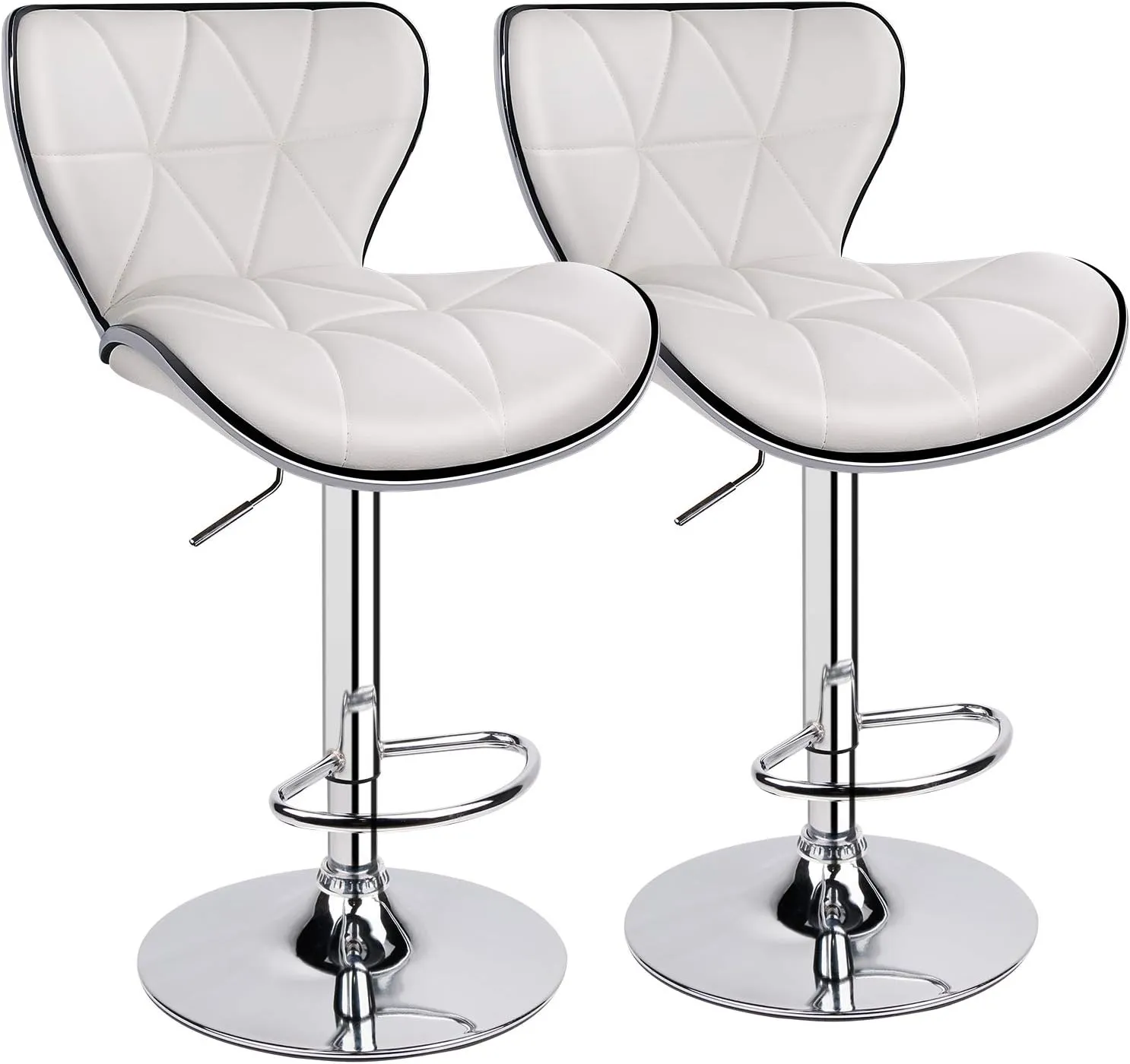 Leopard Shell Back Adjustable Swivel Bar Stools, PU Leather Padded with Back, Set of 2 (White)