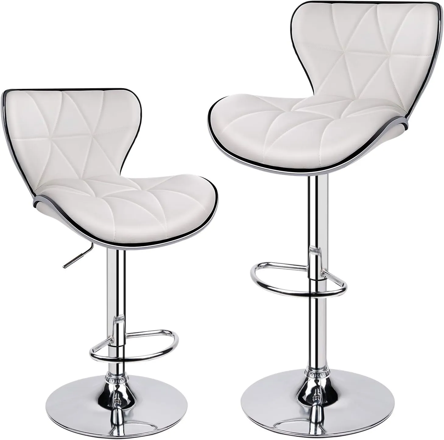 Leopard Shell Back Adjustable Swivel Bar Stools, PU Leather Padded with Back, Set of 2 (White)