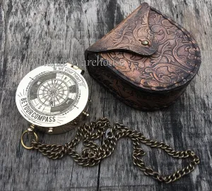 Let Your Heart Handmade Engraved Brass Working Compass with Leather Case Marine Pocket Compass Gift for Christmas/Anniversary/Birthday
