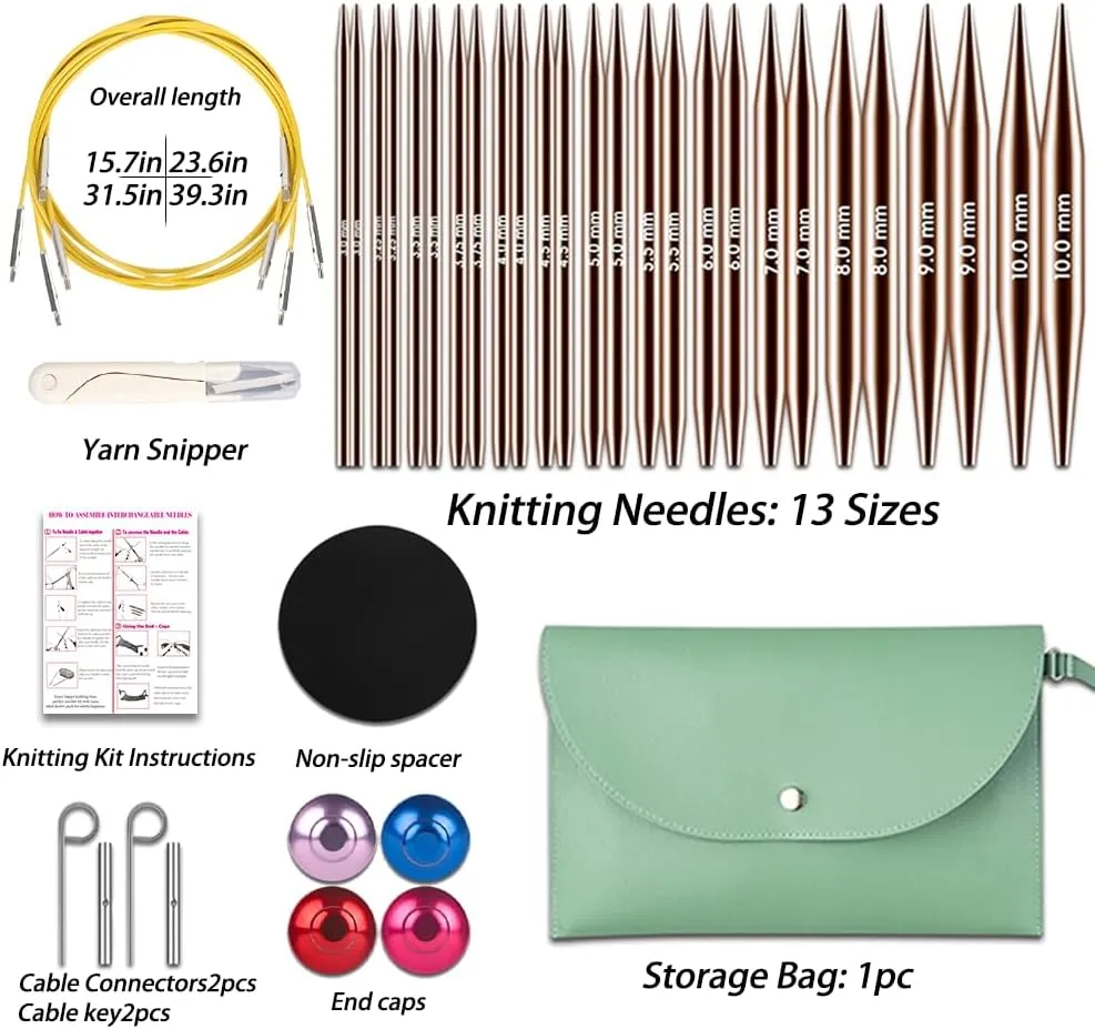 Lewhoo Circular Knitting Needles Set, 13 Pairs Interchangeable Aluminum Round Circular Needle for Knitting with Bag 3.0~10.mm