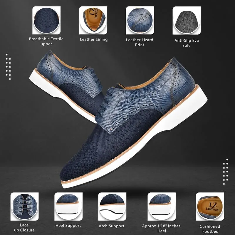LIBERTYZENO Mens Textile and Lizard Print Genuine Leather Lace Up Casual and Party Dress Shoes for Easter Gift