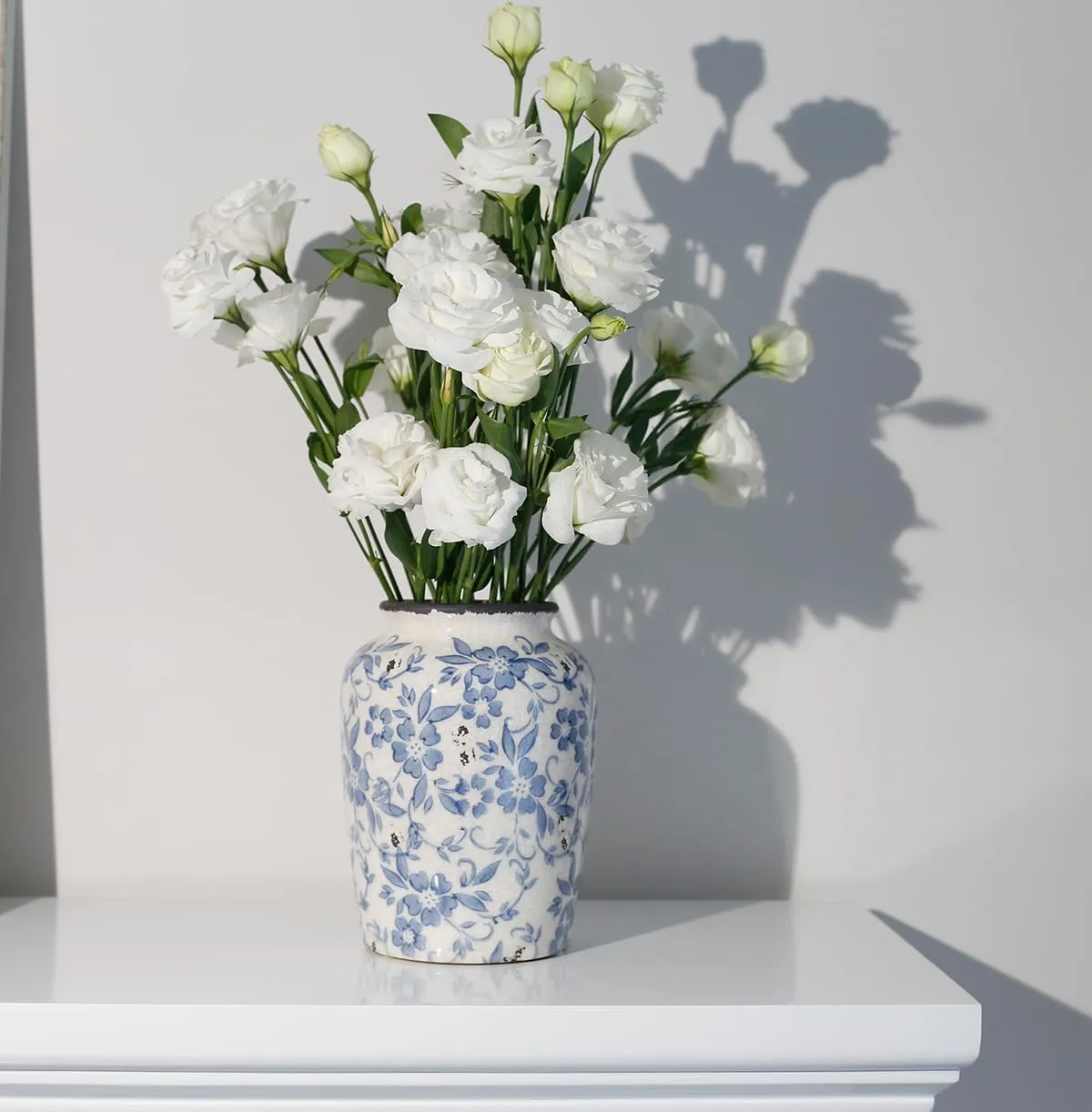 Light Blue White vase Flower Ceramic Porcelain Vintage Chinoiserie Floral French 8" H