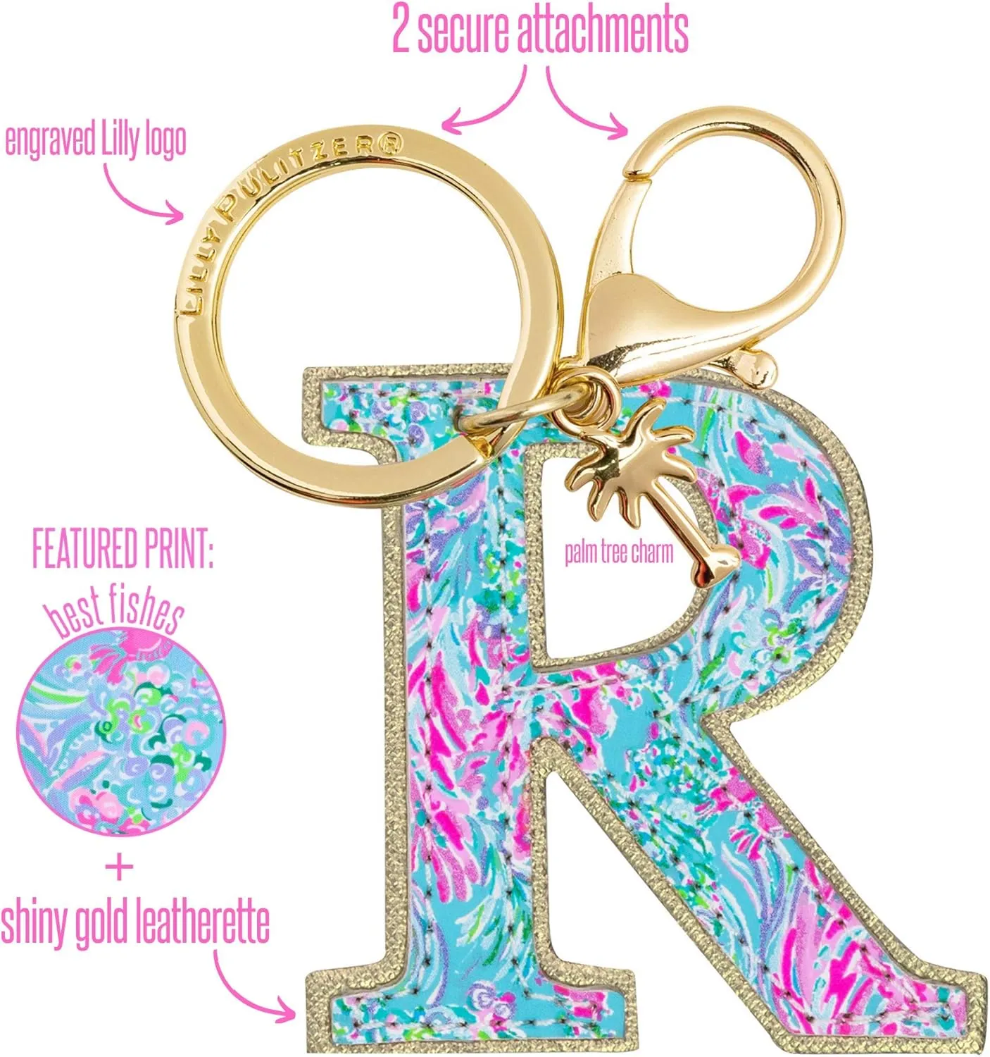 Lilly Pulitzer Leatherette Initial Keychain, Letter Bag Charm for Women