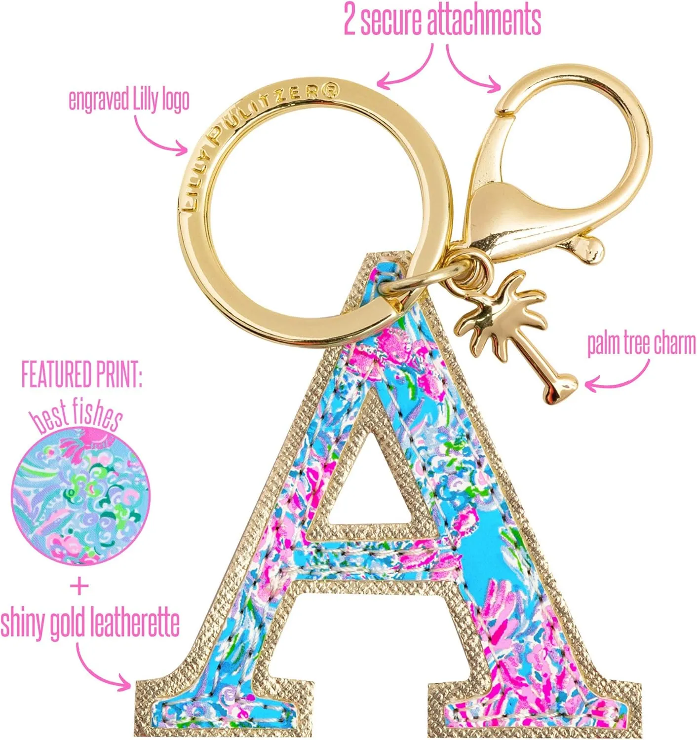 Lilly Pulitzer Leatherette Initial Keychain, Letter Bag Charm for Women