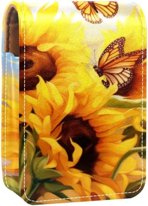 Lipstick Case,Leather Lip Gloss Lipstick Organizer with Mirror,Mini Lipstick Holder Bag,Art Painting Sunflower Butterfly