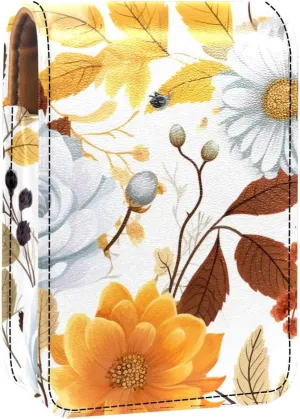 Lipstick Case,Leather Lip Gloss Lipstick Organizer with Mirror,Mini Lipstick Holder Bag,Autumn Flowers Blossom Leaves
