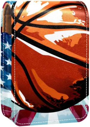 Lipstick Case,Leather Lip Gloss Lipstick Organizer with Mirror,Mini Lipstick Holder Bag,Basketball Usa Flag Pattern