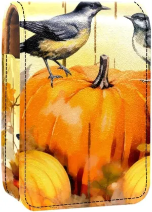 Lipstick Case,Leather Lip Gloss Lipstick Organizer with Mirror,Mini Lipstick Holder Bag,Birds Autumn Flowers Pumpkins