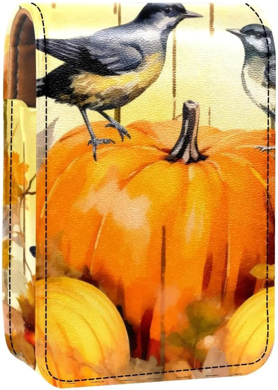 Lipstick Case,Leather Lip Gloss Lipstick Organizer with Mirror,Mini Lipstick Holder Bag,Birds Autumn Flowers Pumpkins