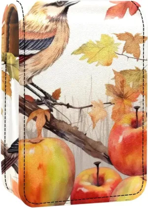 Lipstick Case,Leather Lip Gloss Lipstick Organizer with Mirror,Mini Lipstick Holder Bag,Birds Fruits and Vegetables