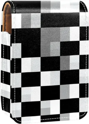 Lipstick Case,Leather Lip Gloss Lipstick Organizer with Mirror,Mini Lipstick Holder Bag,Black White Gery Plaid