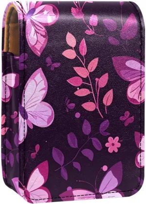 Lipstick Case,Leather Lip Gloss Lipstick Organizer with Mirror,Mini Lipstick Holder Bag,Butterfly Flowers and Hearts