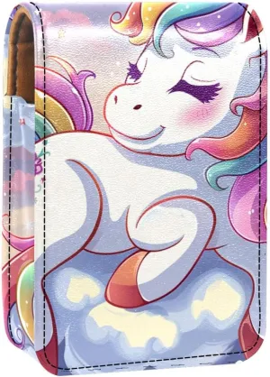 Lipstick Case,Leather Lip Gloss Lipstick Organizer with Mirror,Mini Lipstick Holder Bag,Cloud Rainbow Unicorn