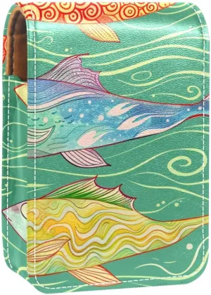 Lipstick Case,Leather Lip Gloss Lipstick Organizer with Mirror,Mini Lipstick Holder Bag,Fish Colorful Print