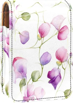 Lipstick Case,Leather Lip Gloss Lipstick Organizer with Mirror,Mini Lipstick Holder Bag,Floral Purple Flowers Vintage