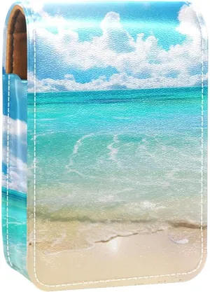Lipstick Case,Leather Lip Gloss Lipstick Organizer with Mirror,Mini Lipstick Holder Bag,Sand Beach and Tropical Sea