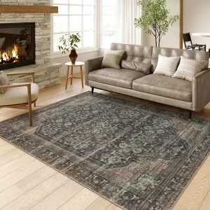 LIVEBOX Washable 5x7 Soft Olive Green Rug for Bedroom, Vintage Floral Boho Area Rug for Living Room, Non-Slip Non-Shedding Ultra-Thin Large Rug for Dining Room, Home Office