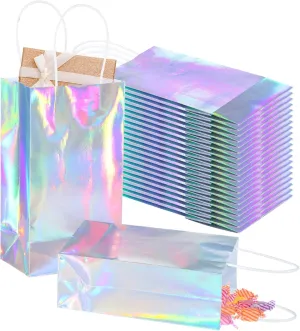Lnrueg 30 Pcs Holographic Tote Bags, Iridescent Gift Bags Holographic Party Favor Bag with Handle,4.7×3.1×8.7inch Glitter Foil Paper Candy Goodie Handbag