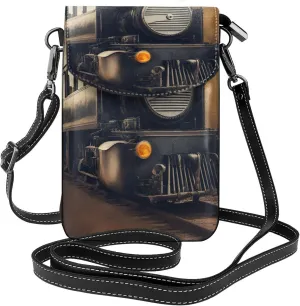 Locomotive Print Small Cell Phone Leather Purse Adjustable Shoulder Rope Crossbody Bags For Women