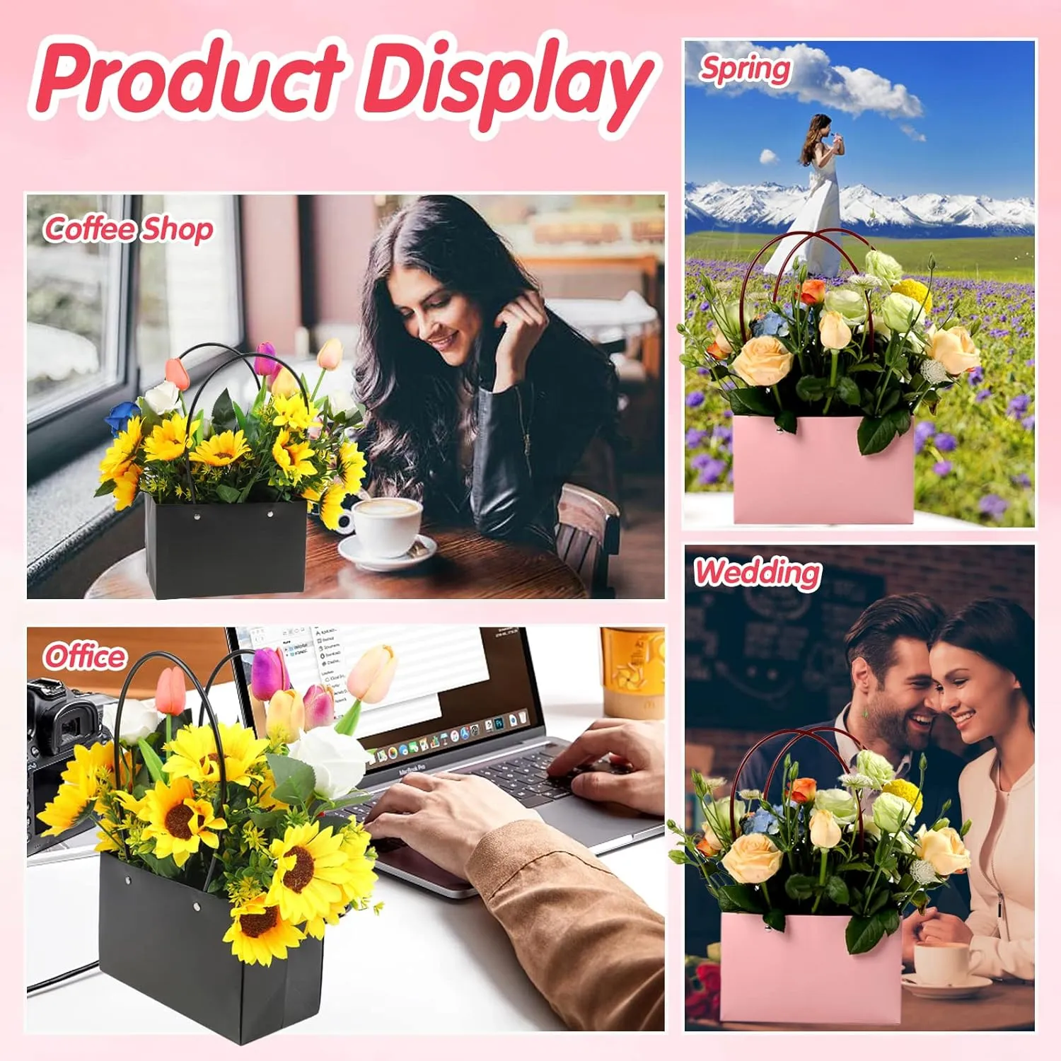 LOMIMOS 12PCS Kraft Flower Gift Bag,Floral Bouquet Waterproof Heavy-Duty Paper Rectangle Tote Carrier Bags with Handle for Mother's Day Birthday Wedding Graduation Party Packaging Wrapping (Black,