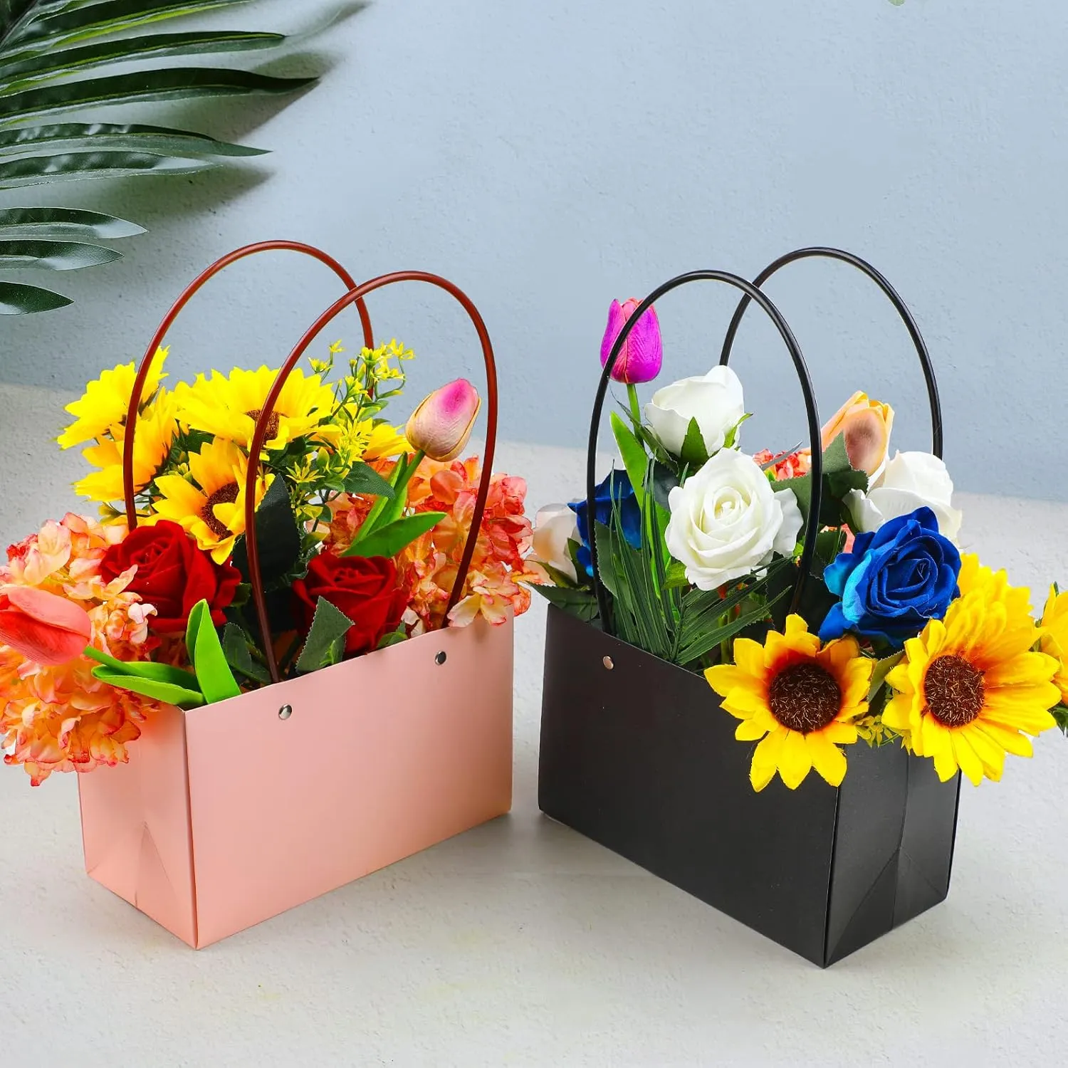 LOMIMOS 12PCS Kraft Flower Gift Bag,Floral Bouquet Waterproof Heavy-Duty Paper Rectangle Tote Carrier Bags with Handle for Mother's Day Birthday Wedding Graduation Party Packaging Wrapping (Black,