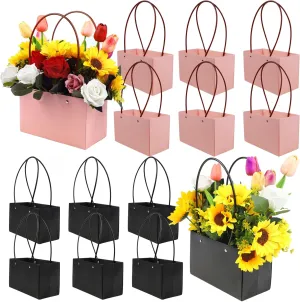 LOMIMOS 12PCS Kraft Flower Gift Bag,Floral Bouquet Waterproof Heavy-Duty Paper Rectangle Tote Carrier Bags with Handle for Mother's Day Birthday Wedding Graduation Party Packaging Wrapping (Black,