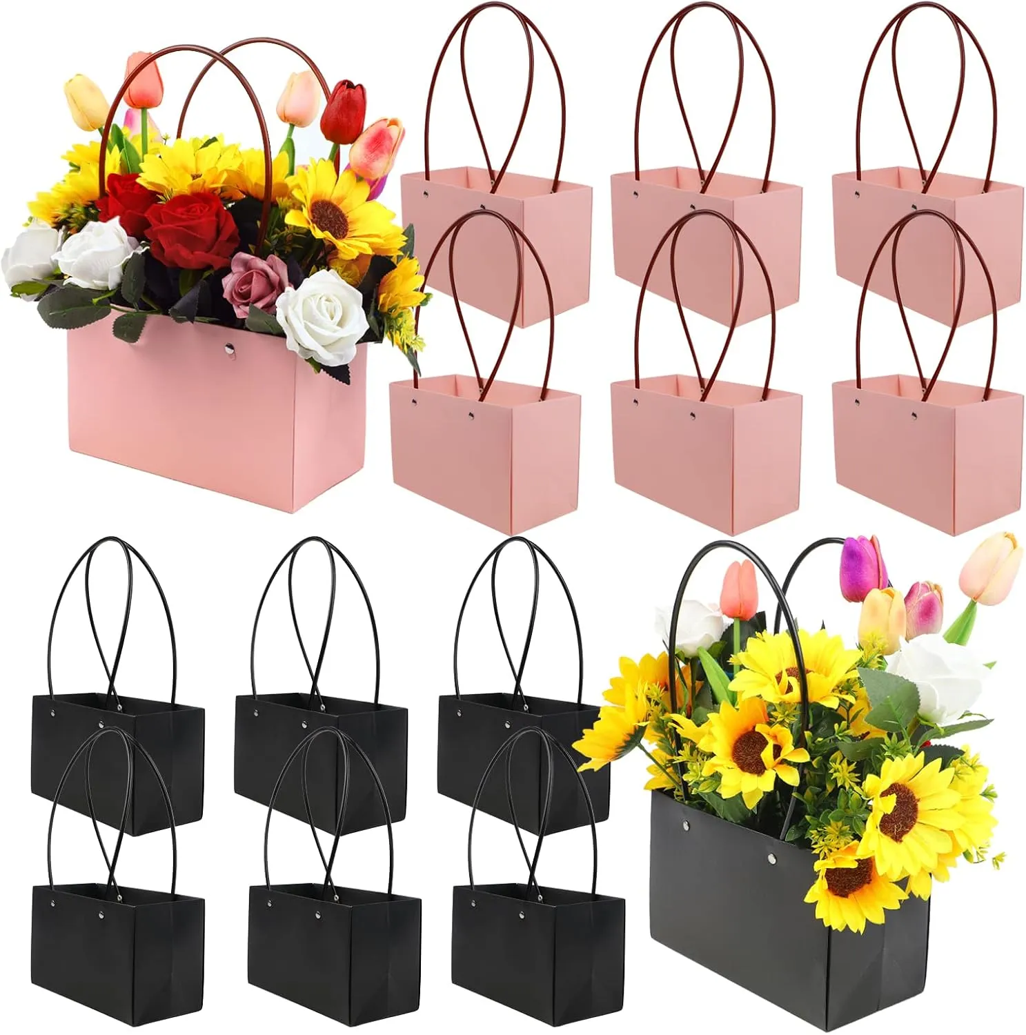 LOMIMOS 12PCS Kraft Flower Gift Bag,Floral Bouquet Waterproof Heavy-Duty Paper Rectangle Tote Carrier Bags with Handle for Mother's Day Birthday Wedding Graduation Party Packaging Wrapping (Black,