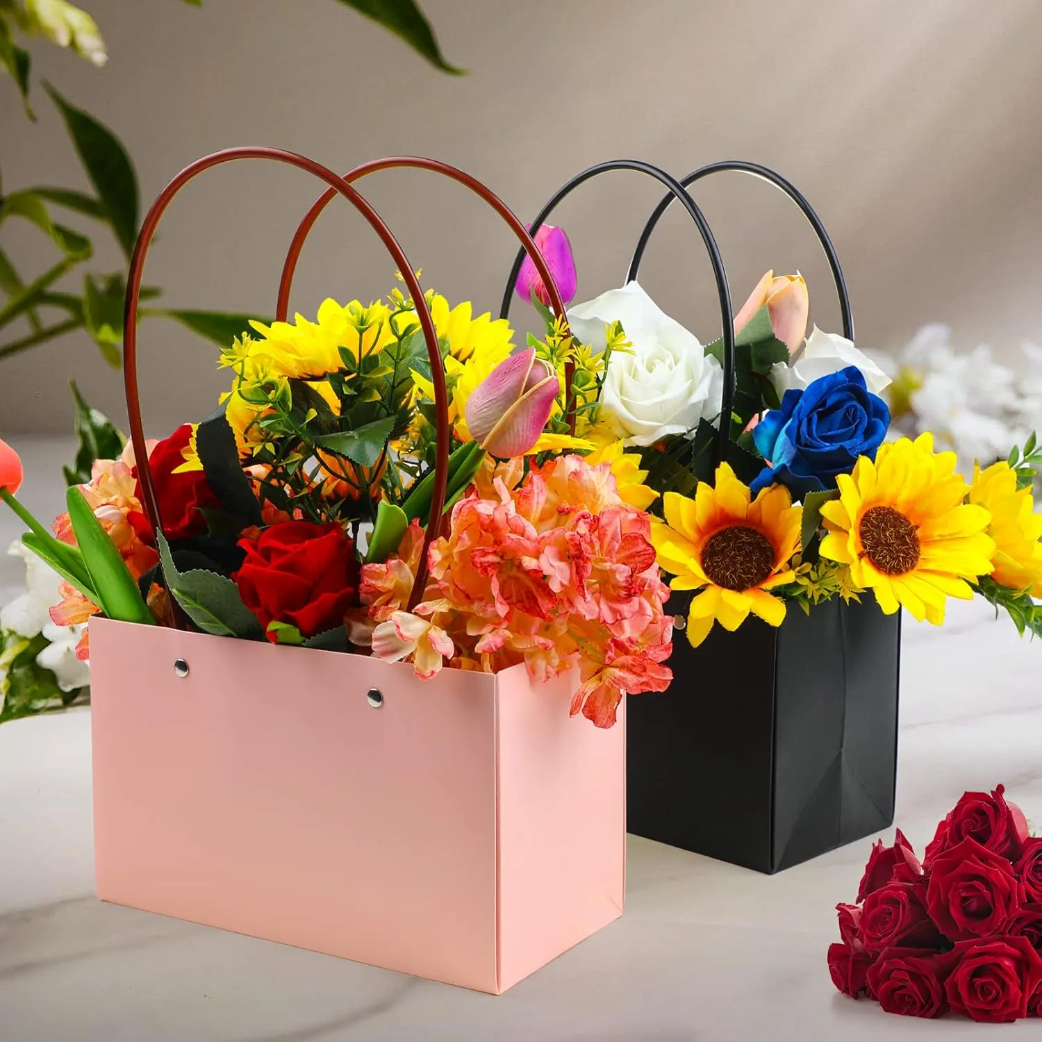 LOMIMOS 12PCS Kraft Flower Gift Bag,Floral Bouquet Waterproof Heavy-Duty Paper Rectangle Tote Carrier Bags with Handle for Mother's Day Birthday Wedding Graduation Party Packaging Wrapping (Black,