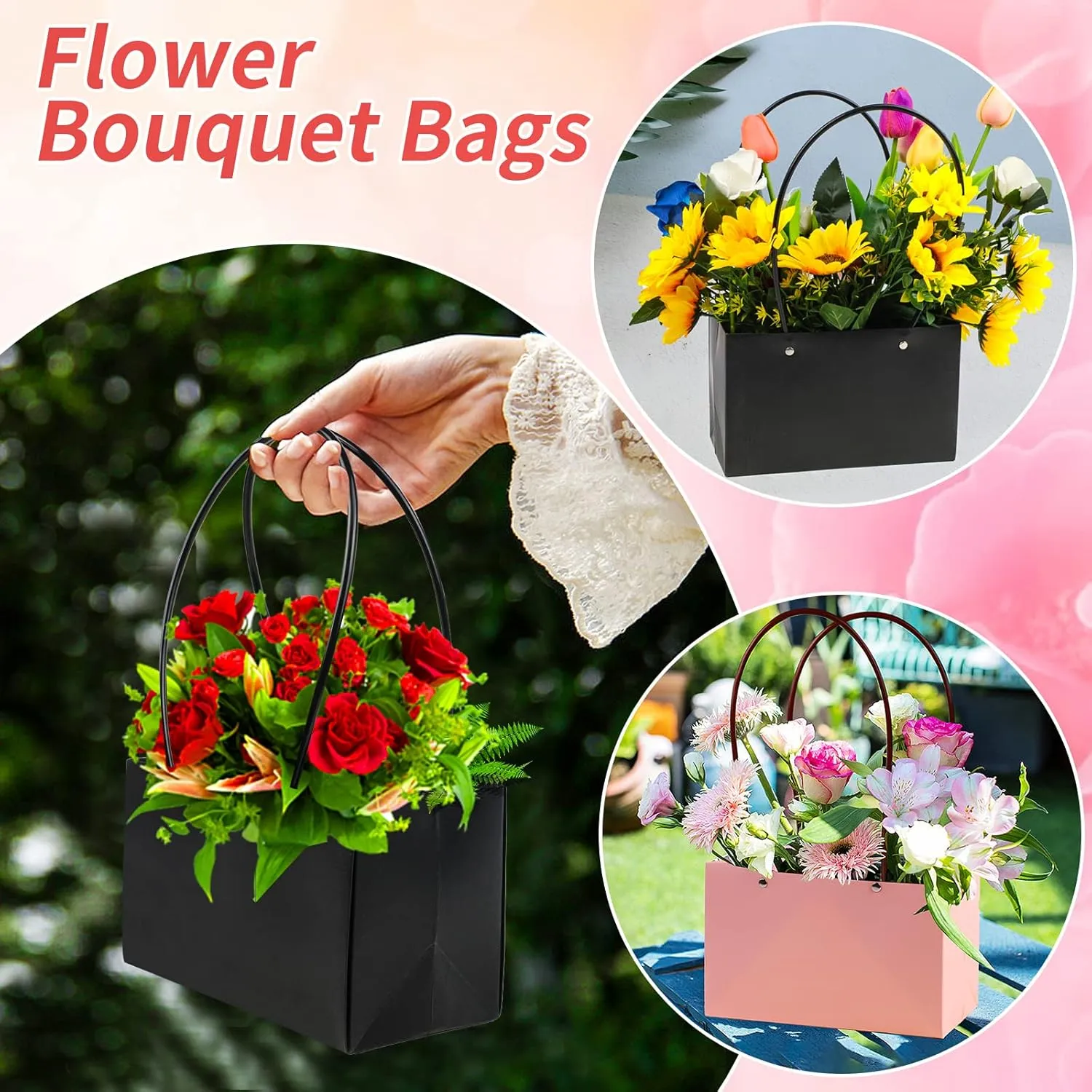 LOMIMOS 12PCS Kraft Flower Gift Bag,Floral Bouquet Waterproof Heavy-Duty Paper Rectangle Tote Carrier Bags with Handle for Mother's Day Birthday Wedding Graduation Party Packaging Wrapping (Black,